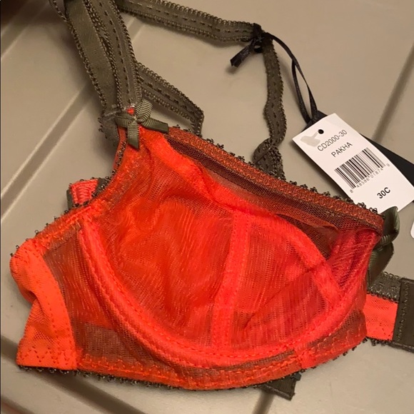 Claudette 30C bra salmon orange green piping sheer - Picture 3 of 5